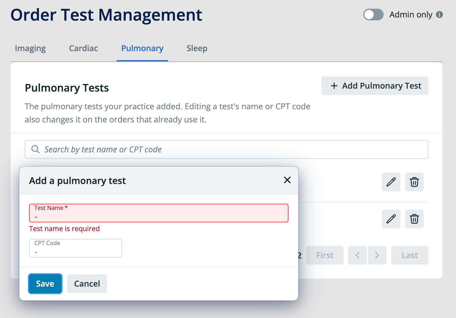 Add a pulmonary test dialog with the Test Name field highlighted in red and the message "Test name is required."