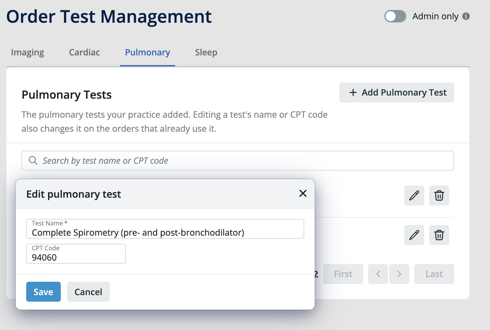 Edit pulmonary test dialog showing the Test Name "Complete Spirometry (pre- and post-bronchodilator)" and CPT Code 94060, with Save and Cancel buttons.