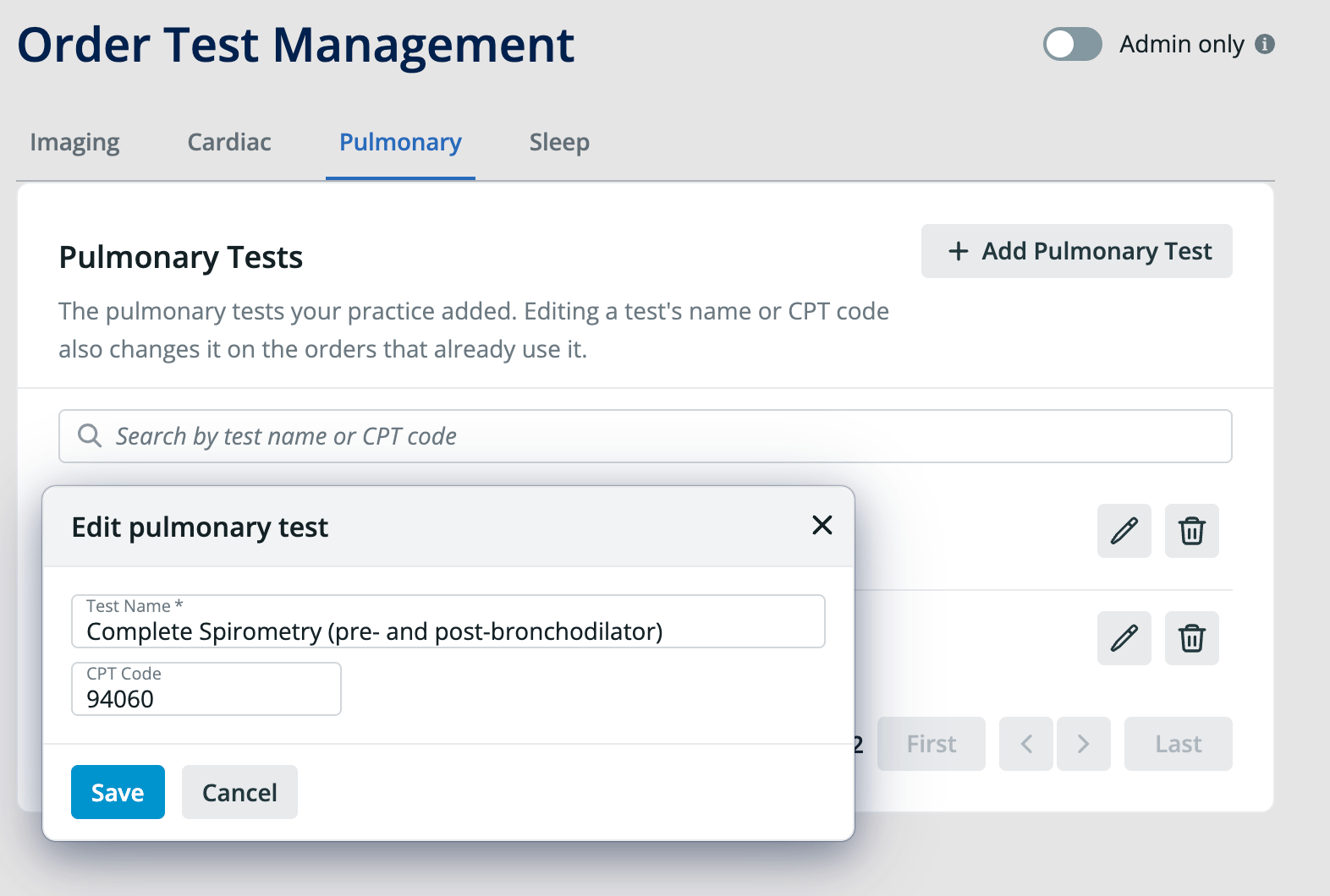 Edit pulmonary test dialog showing the Test Name "Complete Spirometry (pre- and post-bronchodilator)" and CPT Code 94060, with Save and Cancel buttons.