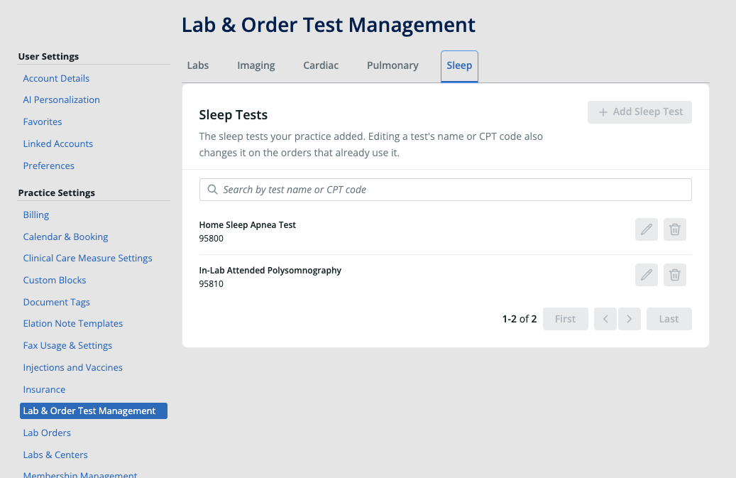 Lab & Order Test Management settings page with the Labs, Imaging, Cardiac, Pulmonary, and Sleep tabs, showing the Sleep tab selected.