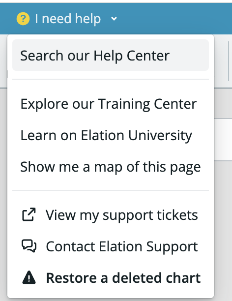 The I need help menu in Elation EHR showing the View my support tickets option
