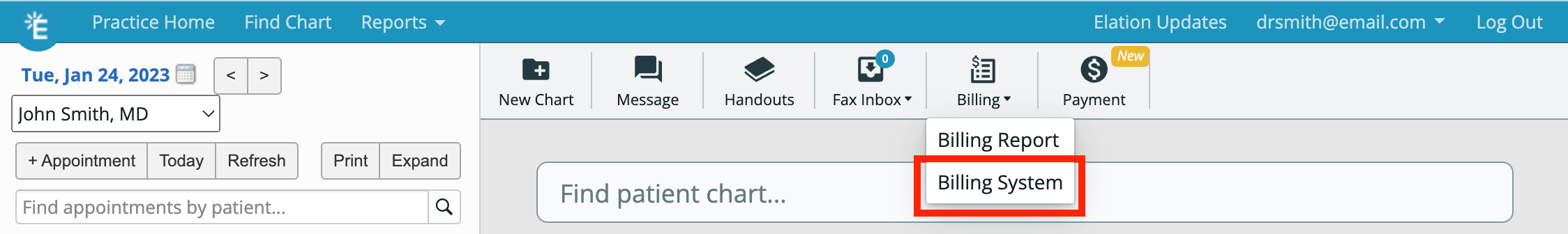 Billing dropdown menu expanded in Elation, with "Billing System" option highlighted in a red box to indicate where to click to access Puredi.