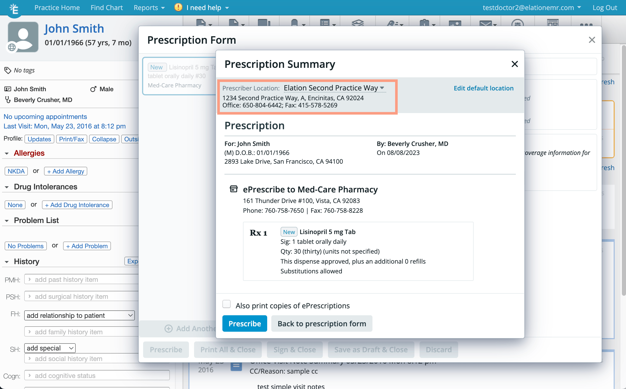 Prescription Summary dialog with the Prescriber Location field highlighted, showing "Elation Second Practice Way" selected and its address and phone/fax numbers displayed below.