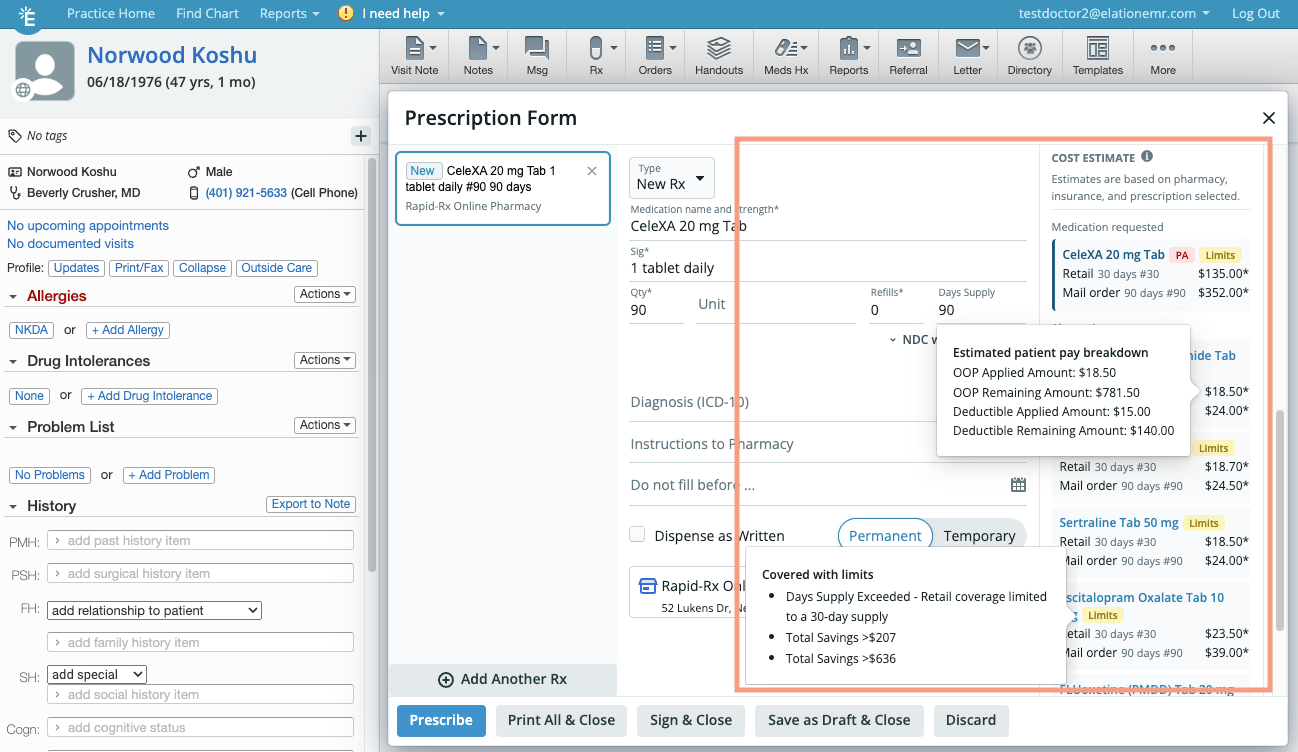 Cost Estimate panel showing CeleXA 20 mg with PA and Limits tags, a hover tooltip with OOP and deductible breakdown, and a "Covered with limits" warning noting 30-day supply restriction and total savings.