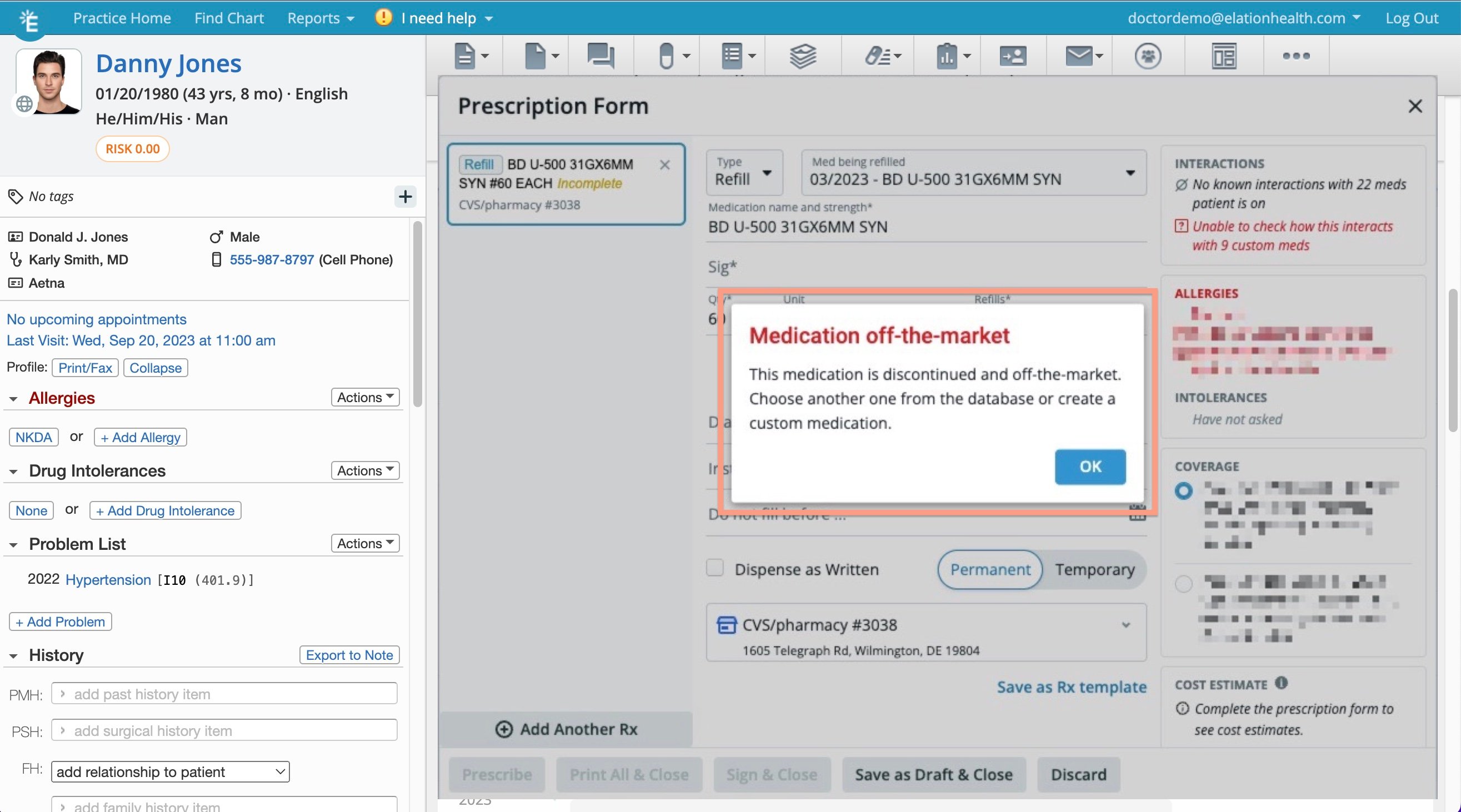 "Medication off-the-market" alert dialog on the Prescription Form for BD U-500 31GX6MM SYN, stating the medication is discontinued and prompting the user to choose another or create a custom medication.