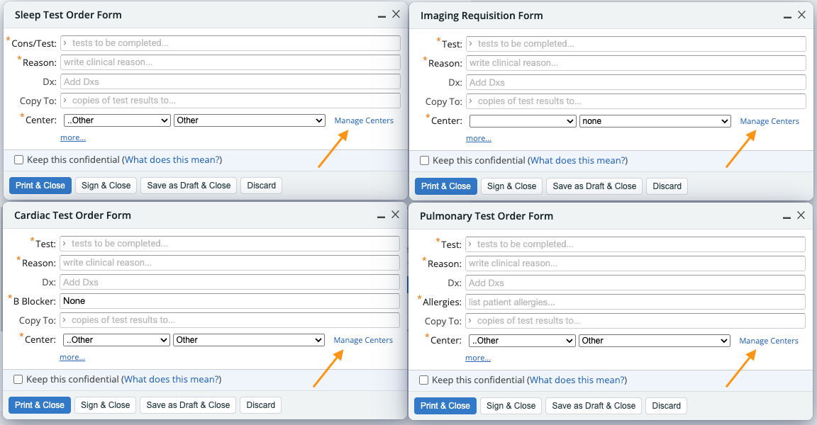 Four Elation order forms shown together — Sleep Test Order Form, Imaging Requisition Form, Cardiac Test Order Form, and Pulmonary Test Order Form — each with an arrow pointing to a "Manage Centers" link located to the right of the Center dropdown.