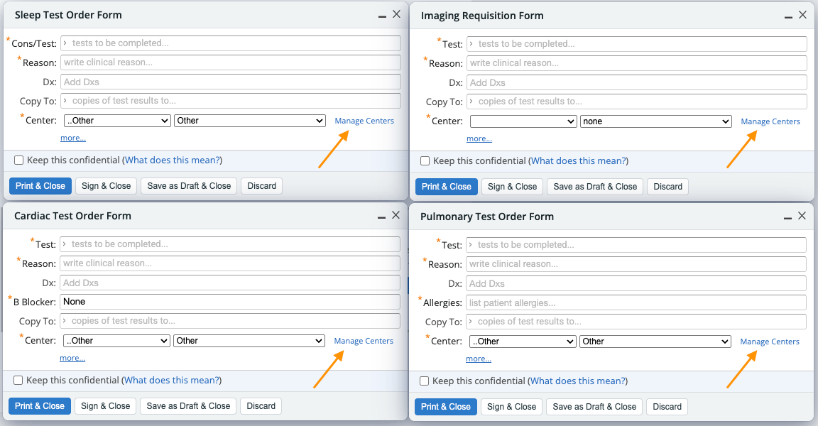 Four Elation order forms shown together — Sleep Test Order Form, Imaging Requisition Form, Cardiac Test Order Form, and Pulmonary Test Order Form — each with an arrow pointing to a "Manage Centers" link located to the right of the Center dropdown.