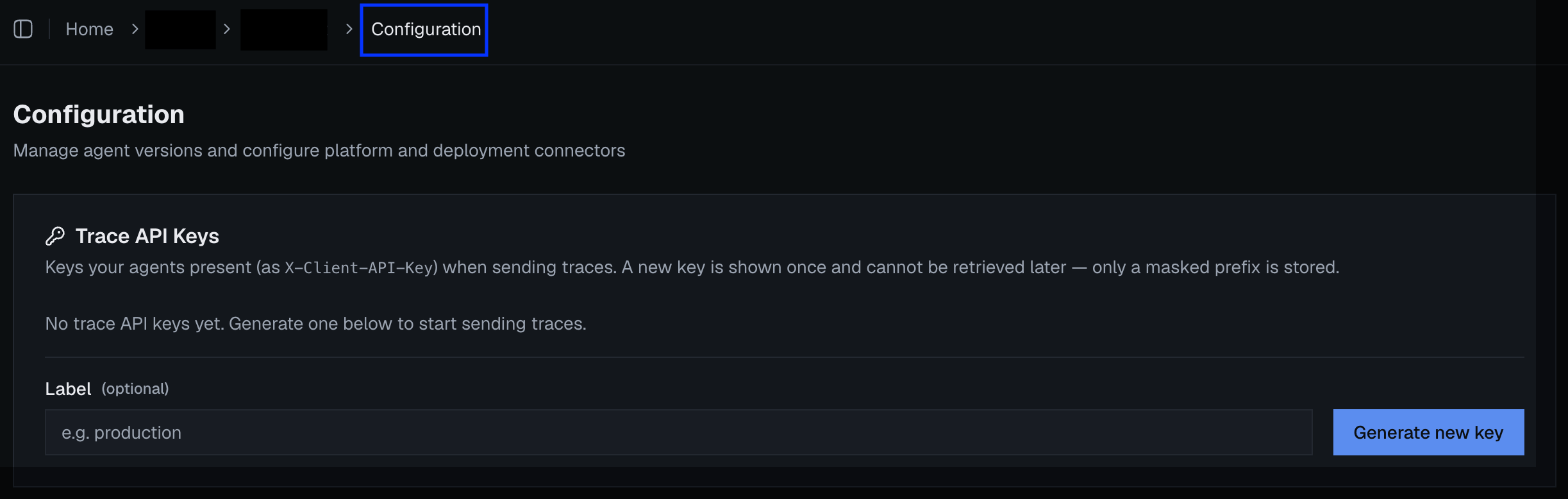 Trace API Keys section on the agent's Configuration page in the Eldros dashboard