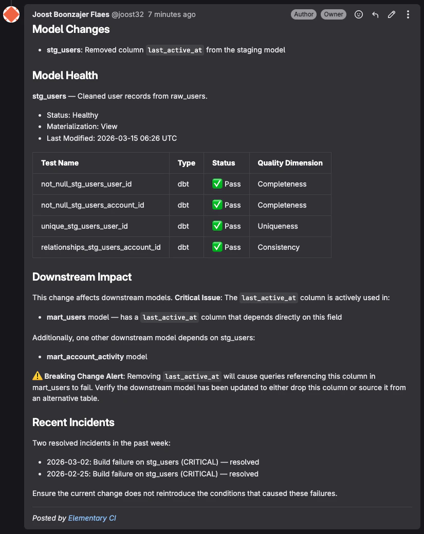 Elementary data quality review comment on a GitLab merge request