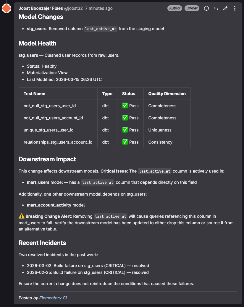 Elementary data quality review comment on a GitLab merge request