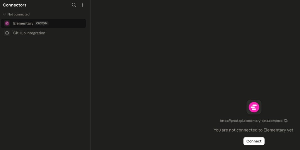 Elementary connector added — click Connect to authenticate
