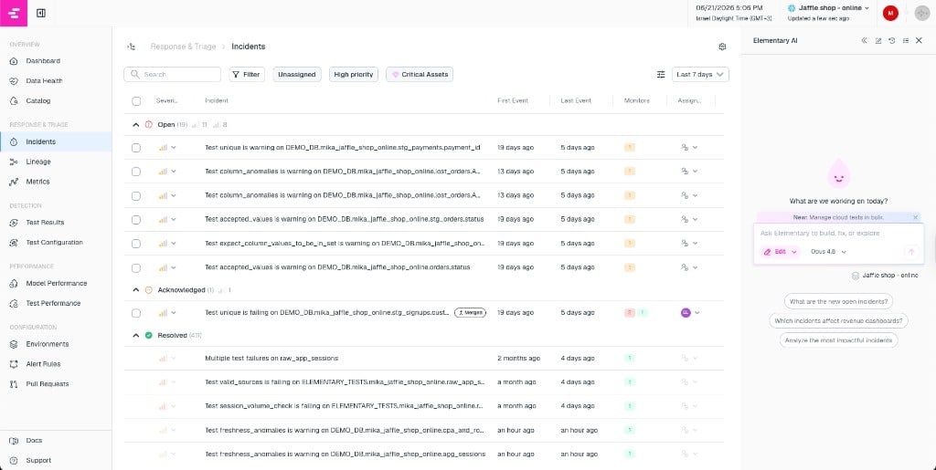 Incidents list grouped by Open, Acknowledged, and Resolved