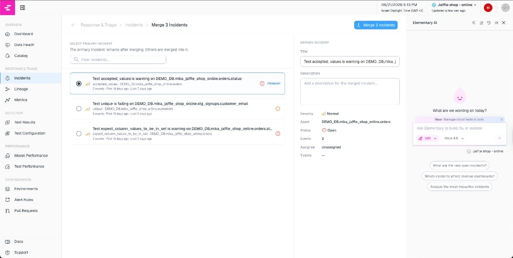 Merge page — select primary incident and edit title and description