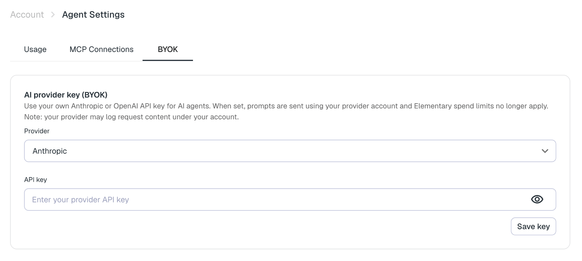Configuring Bring Your Own Key under Agent Settings