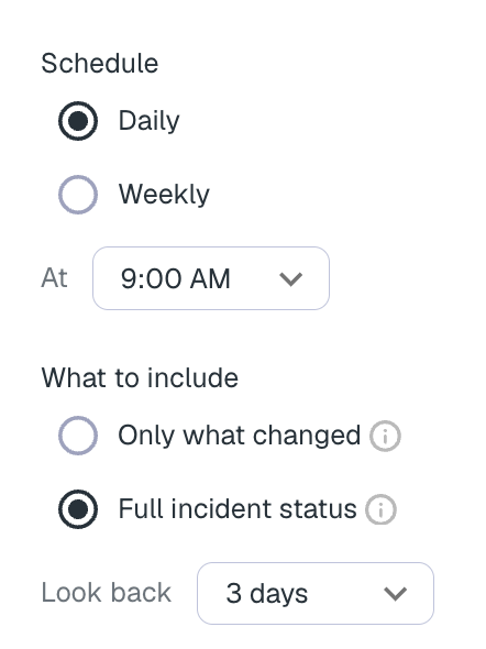 Digest schedule, what to include, and lookback