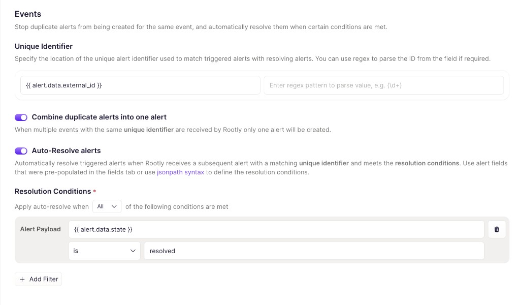 Configure the Events tab in Rootly — Unique Identifier, Combine duplicate alerts, Auto-Resolve alerts, and Resolution Conditions