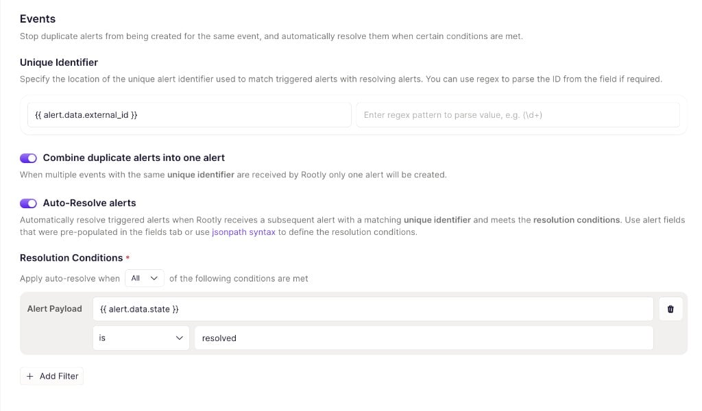 Configure the Events tab in Rootly — Unique Identifier, Combine duplicate alerts, Auto-Resolve alerts, and Resolution Conditions