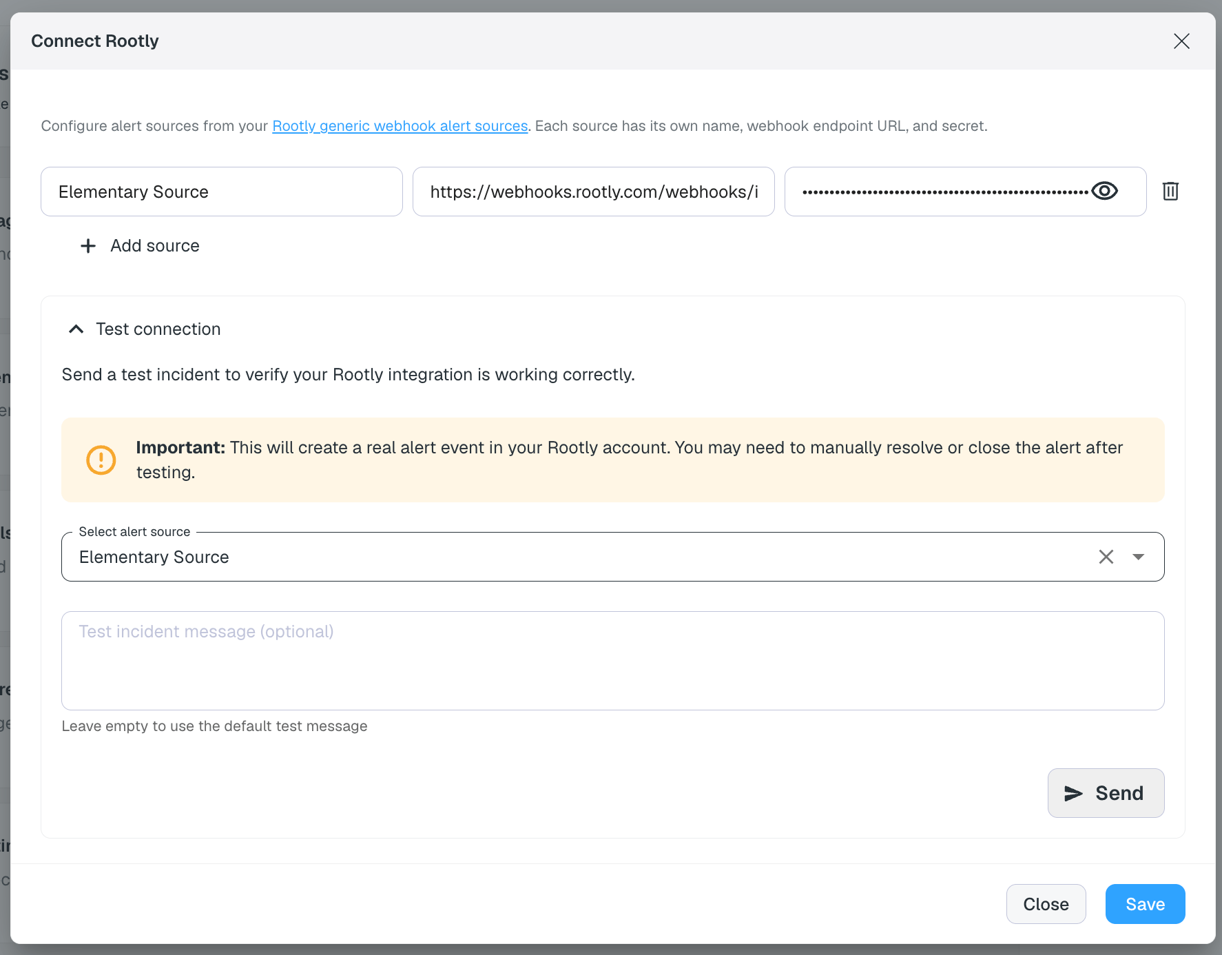 Enter Rootly connection details and test the connection