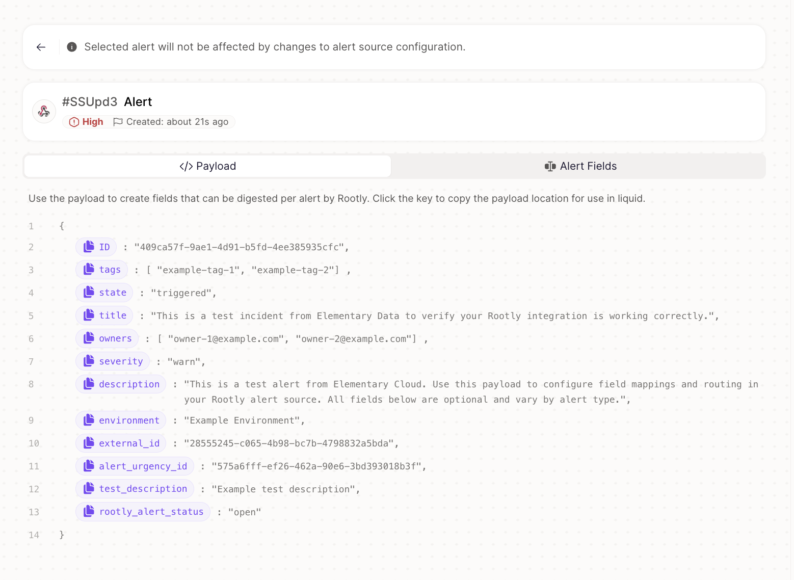 Rootly alert Payload tab showing the raw JSON received from Elementary
