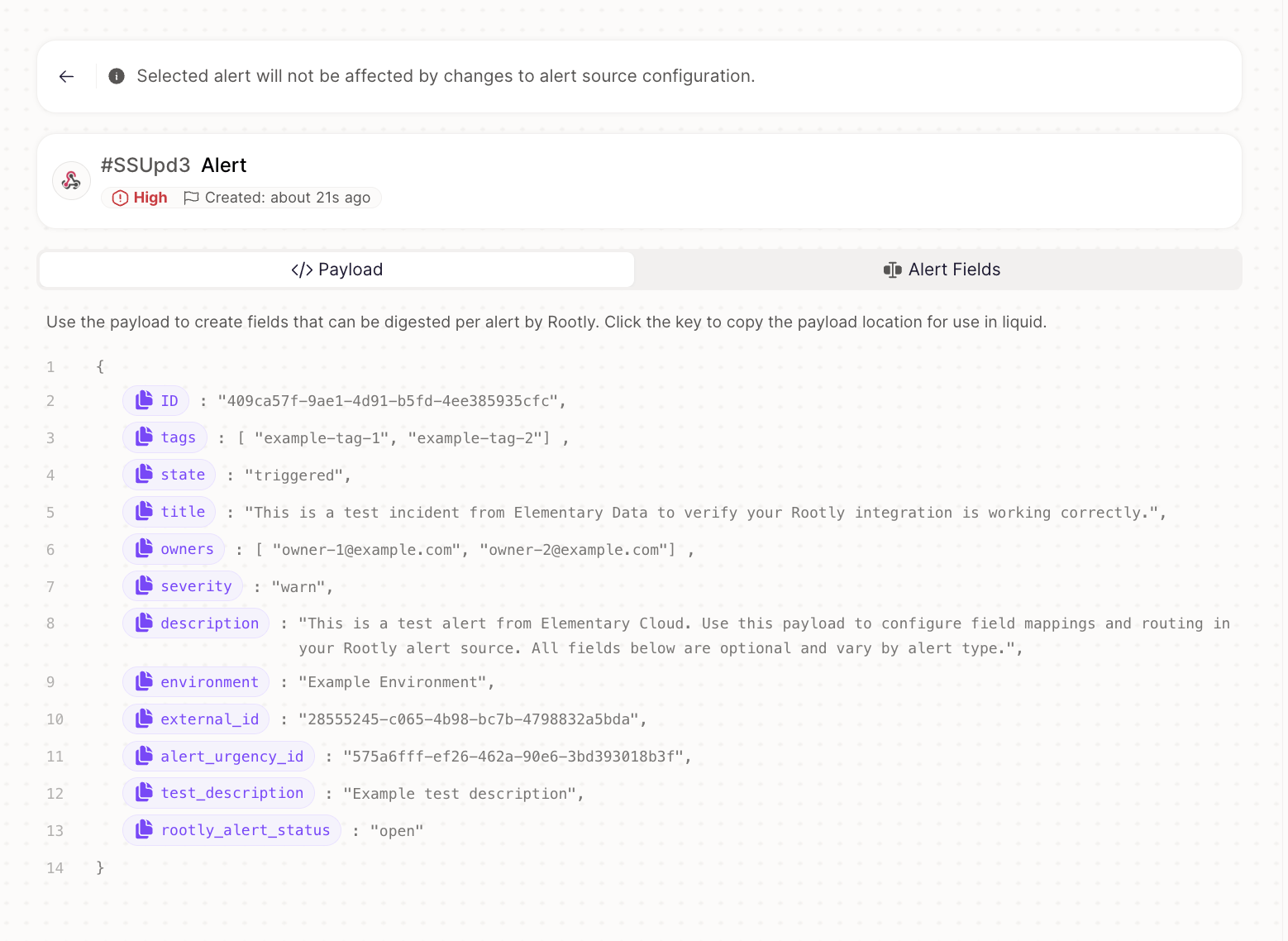 Rootly alert Payload tab showing the raw JSON received from Elementary