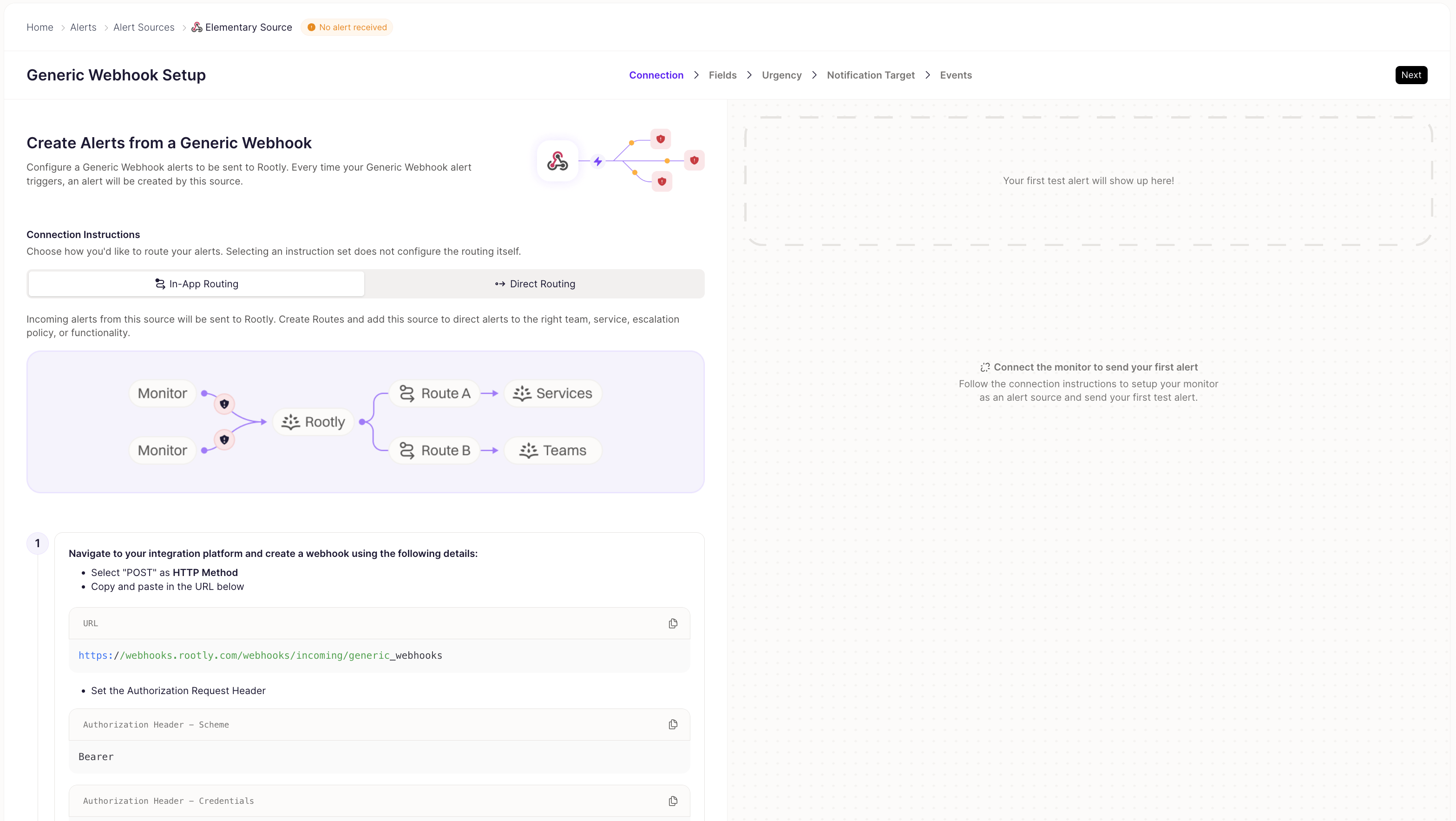 Rootly generic webhook alert source setup — connection instructions, webhook URL, and Authorization header