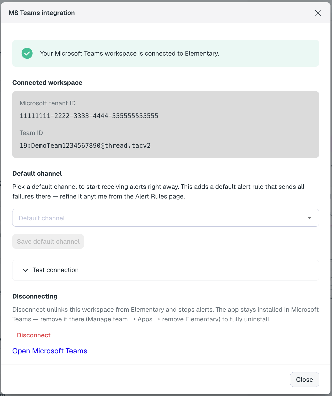 Elementary dialog showing Microsoft Teams workspace is connected, with default channel picker