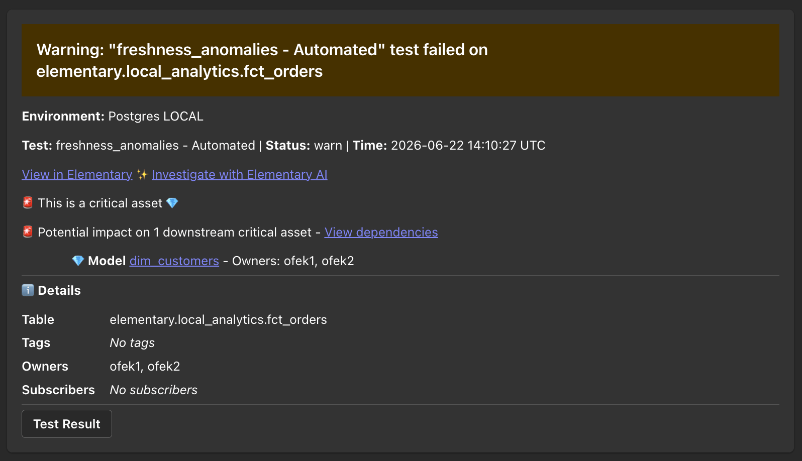 Elementary alert in a Microsoft Teams channel