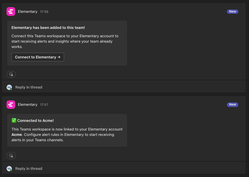 Welcome and connected confirmation cards in Microsoft Teams