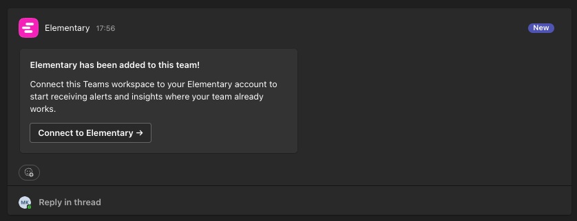 Elementary welcome card with Connect to Elementary button