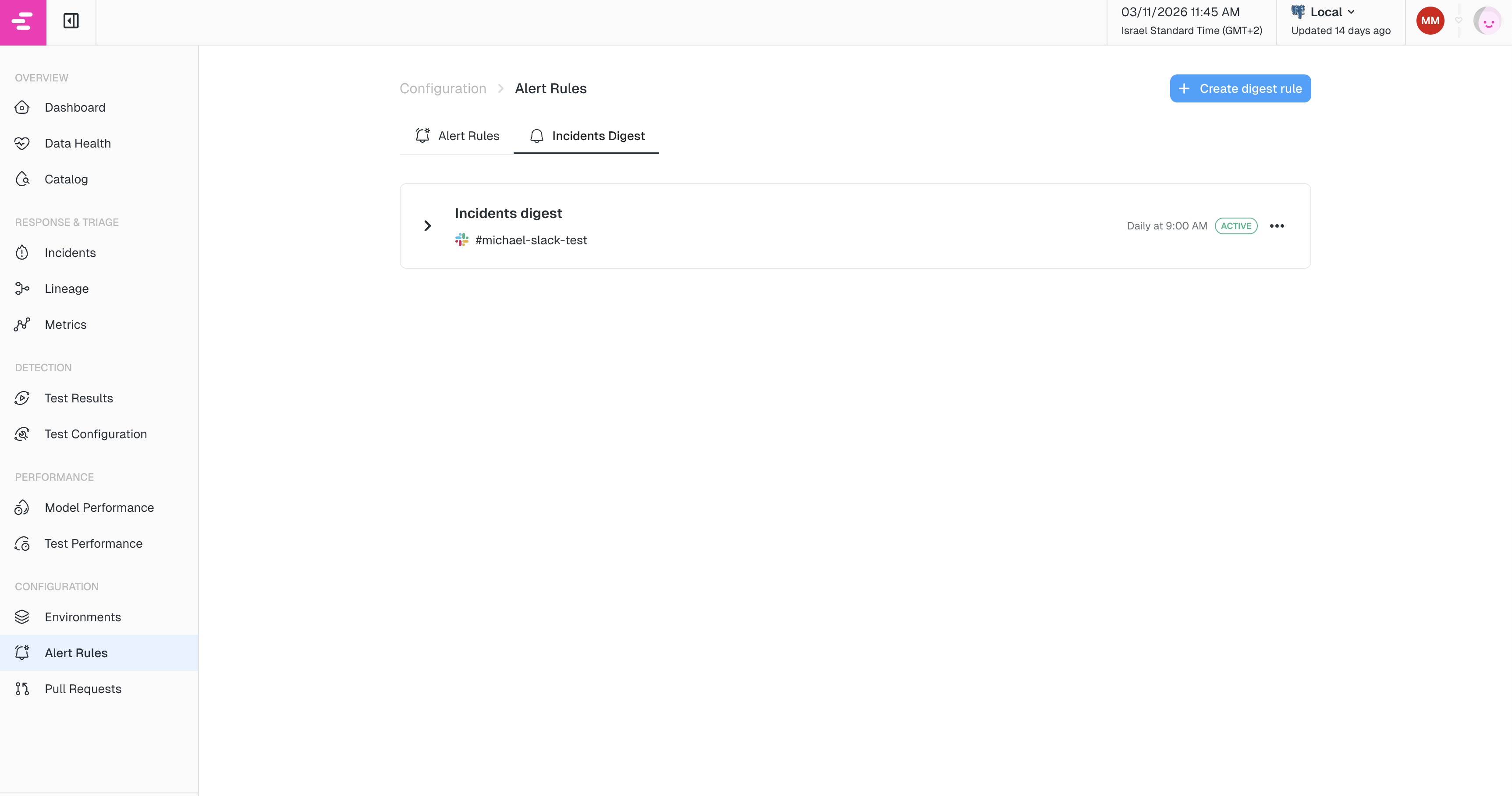 Incidents Digest tab in Alert Rules