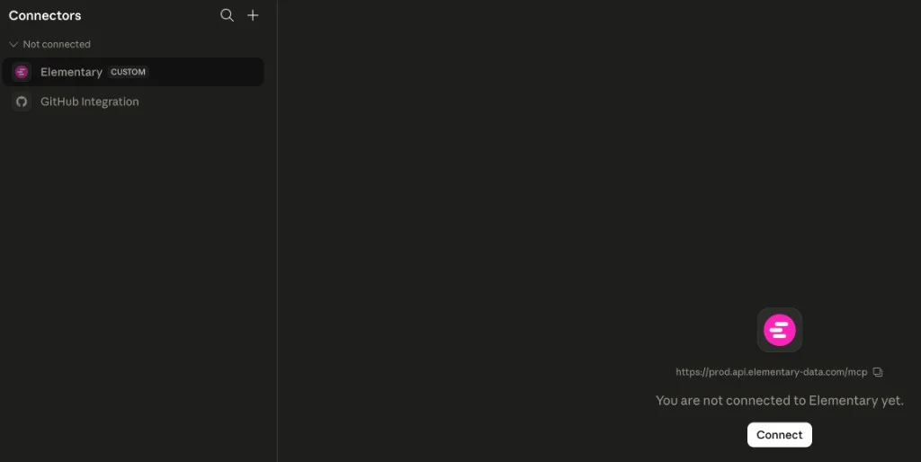 Elementary connector added — click Connect to authenticate