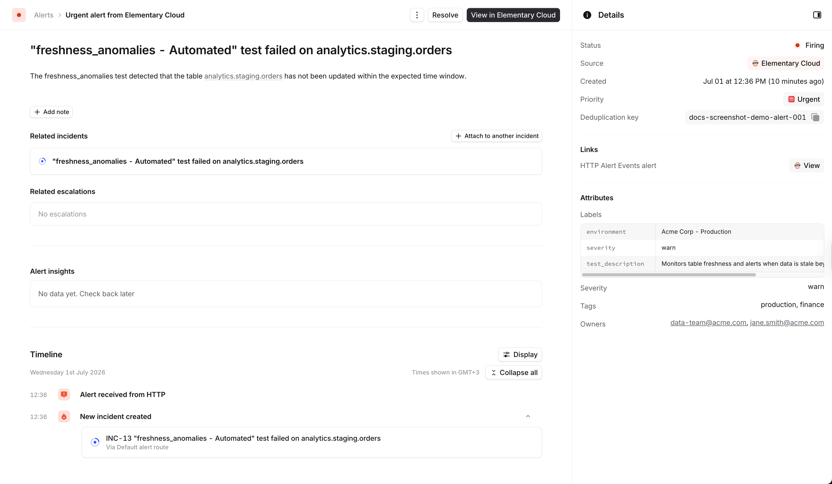 Elementary alert detail in incident.io