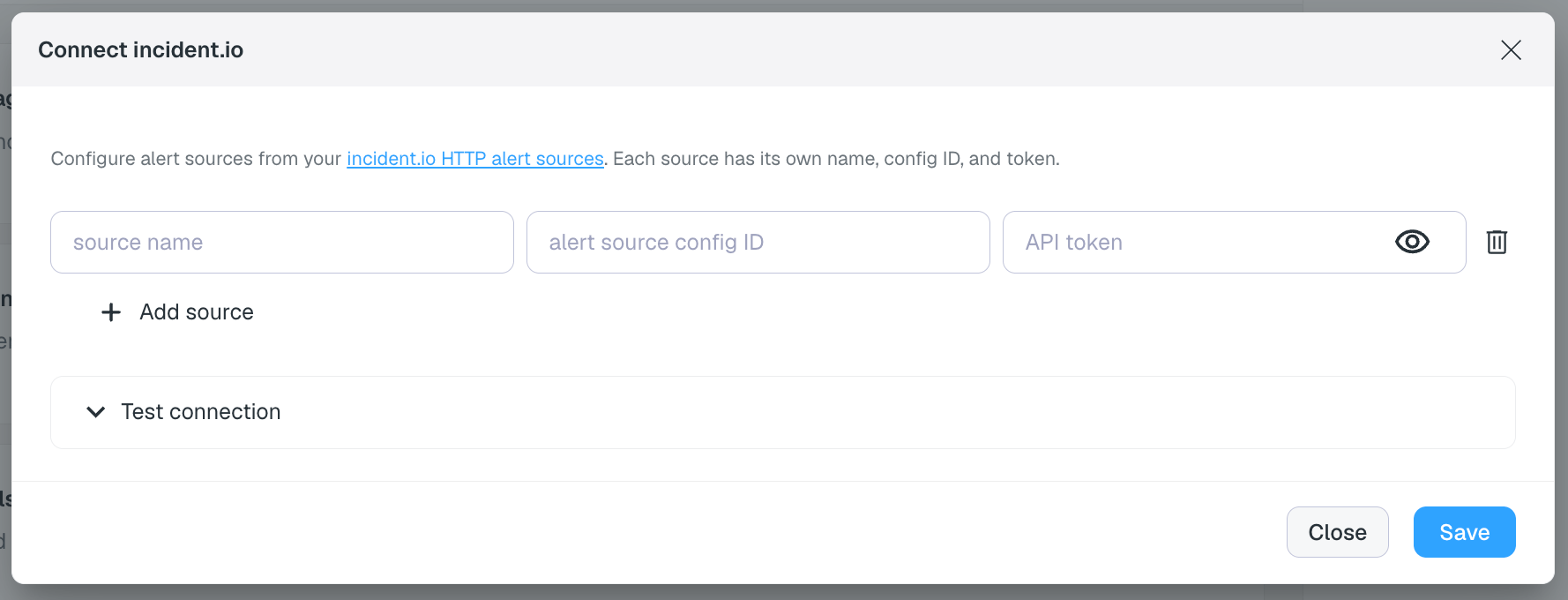 Enter incident.io connection details