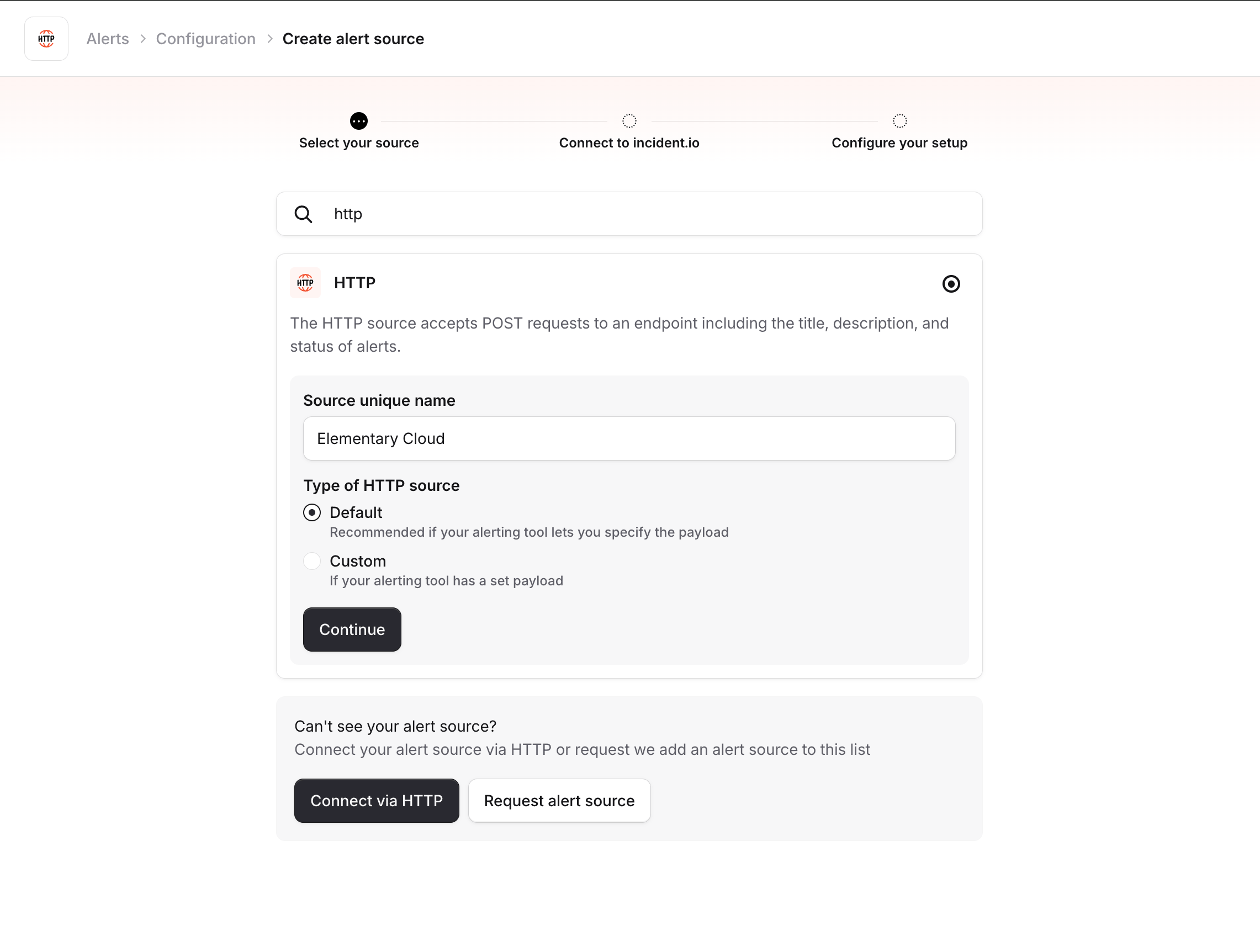 Create HTTP alert source with name and type