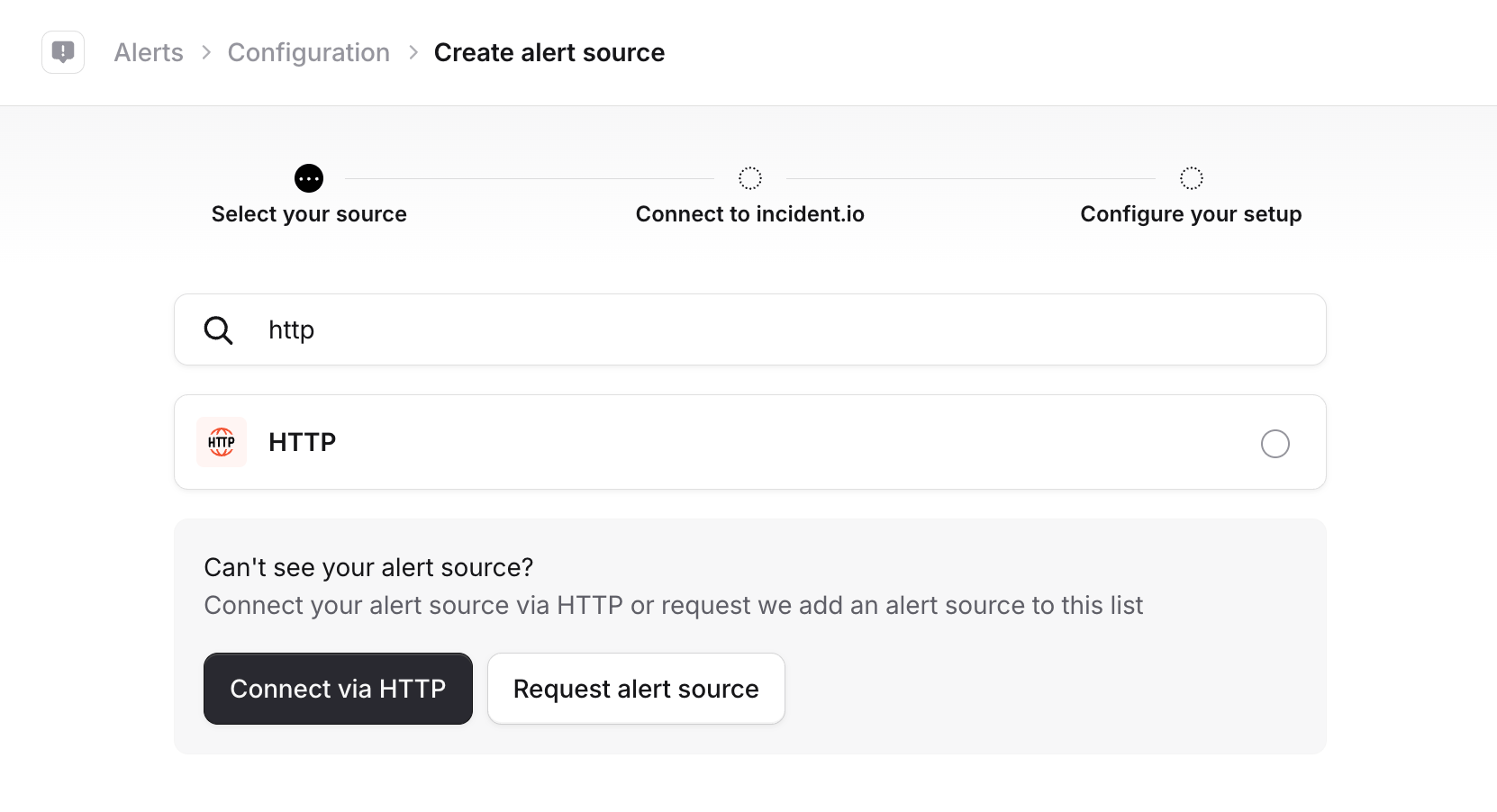 Search for HTTP alert source in incident.io
