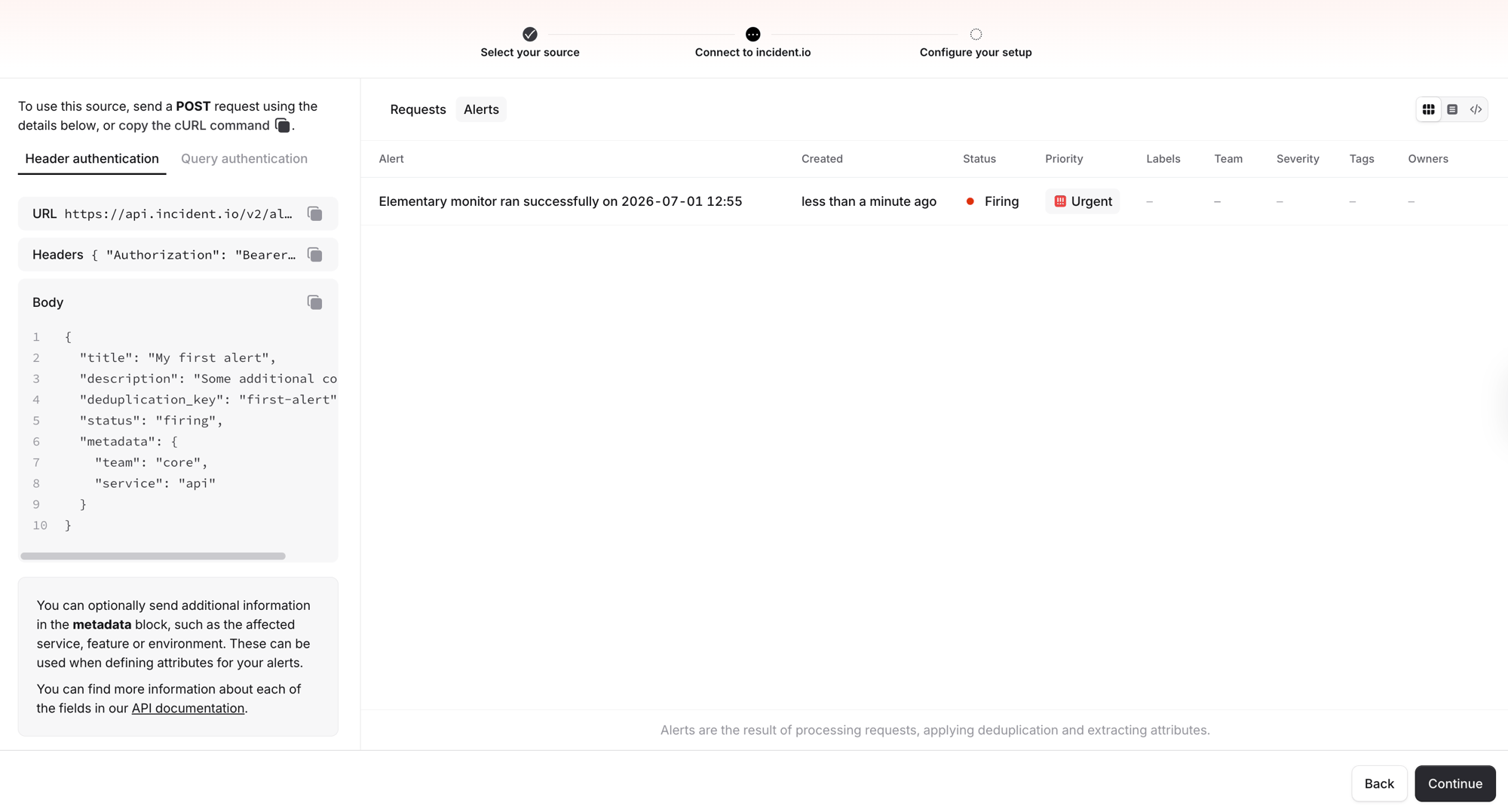 Alert source showing received test alert with Continue button