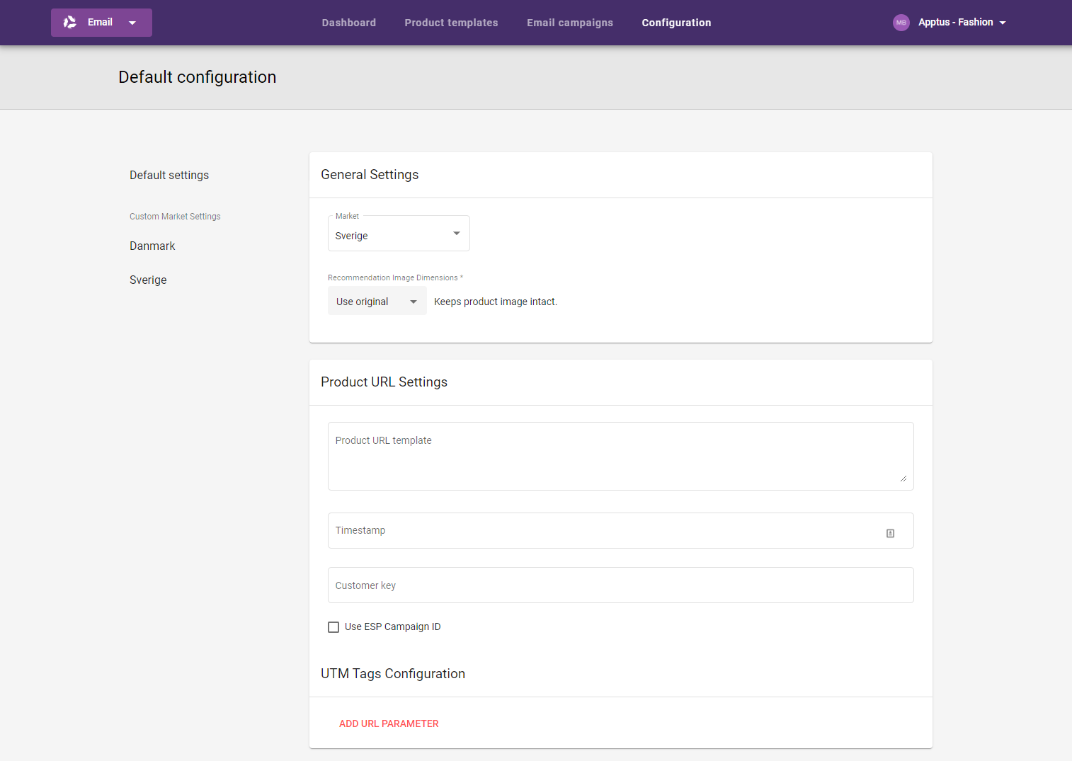 Email recommendations configuration tab