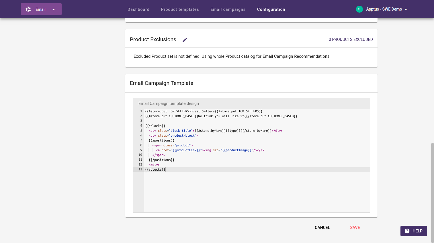 Email recommendations base configuration email campaign template