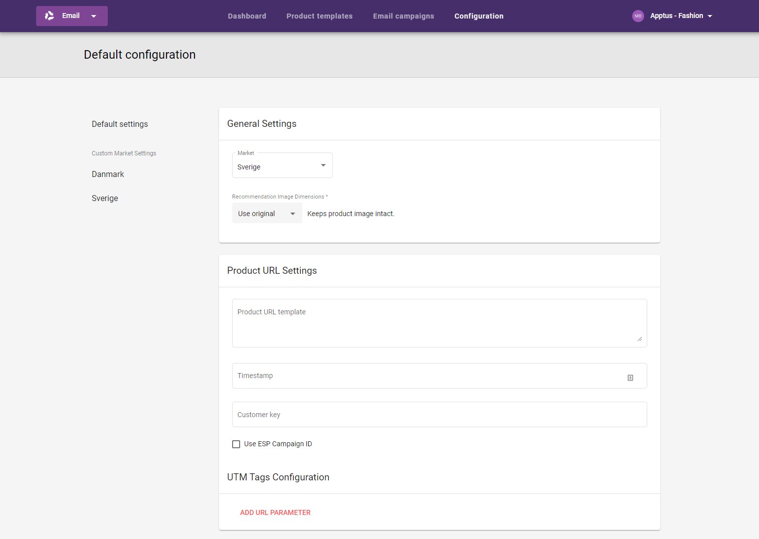 Email recommendations configuration tab