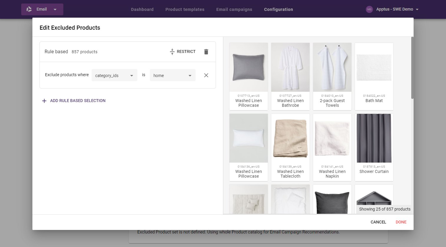 Email recommendations excluded products