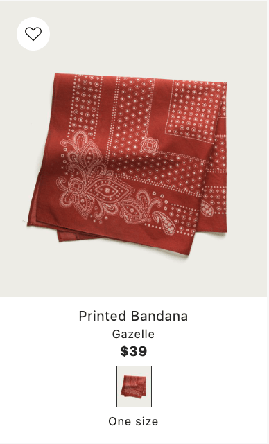 Red bandana expanded on hover showing only the Red product, with the Black product omitted