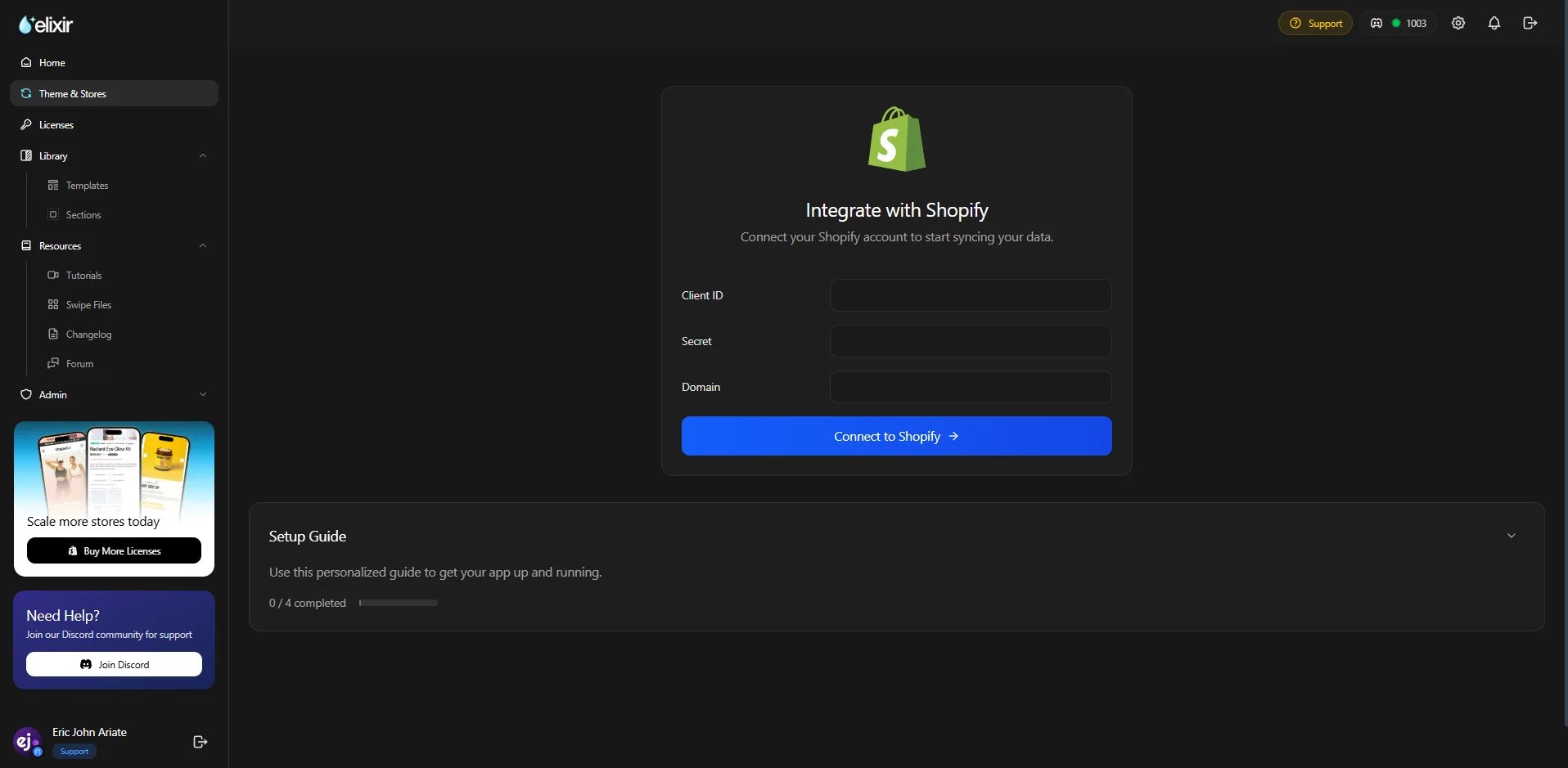 The "Integrate with Shopify" form with Client ID, Secret, and Domain fields