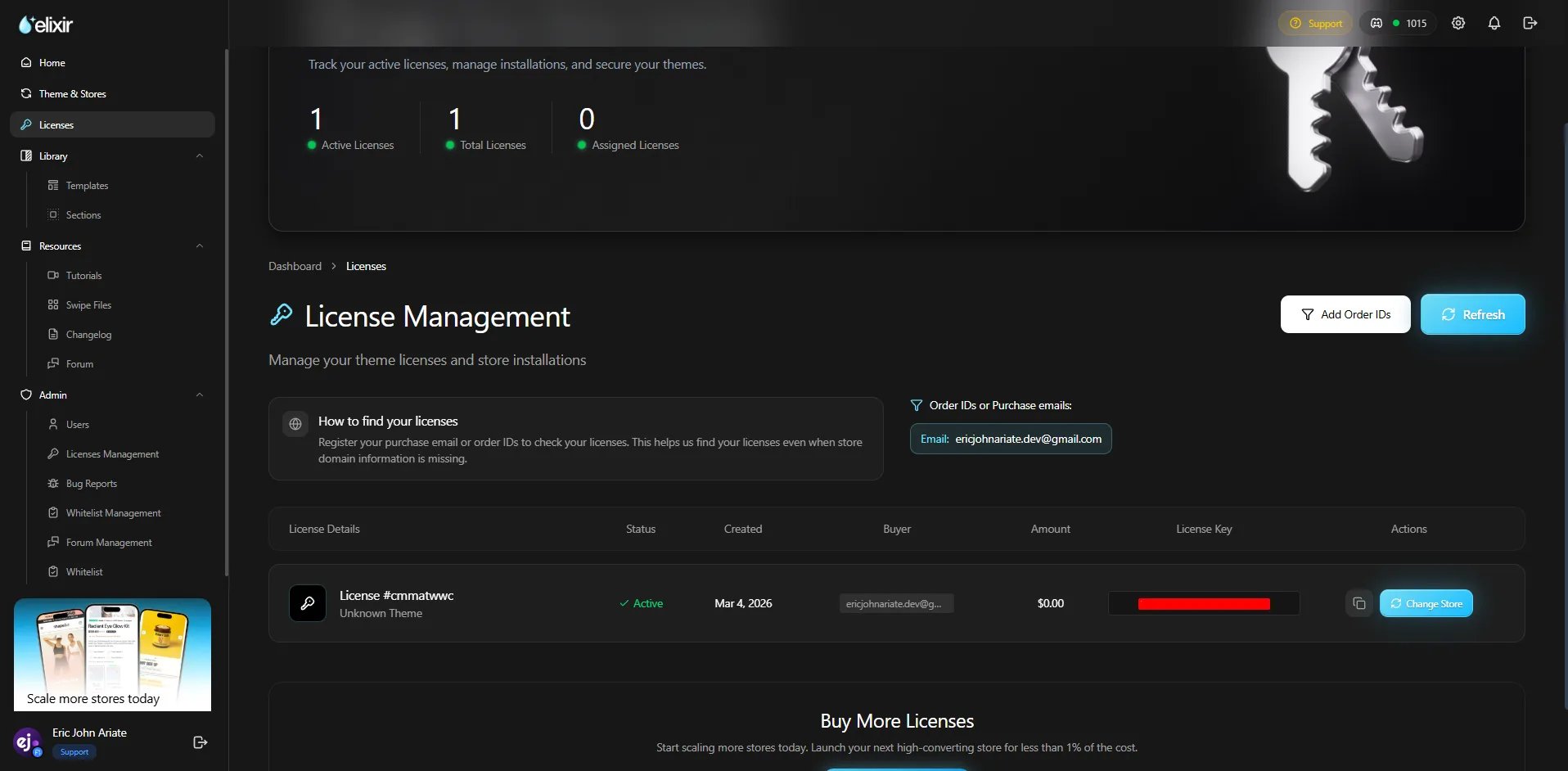 The License Management page in the Elixir dashboard, listing one active license
