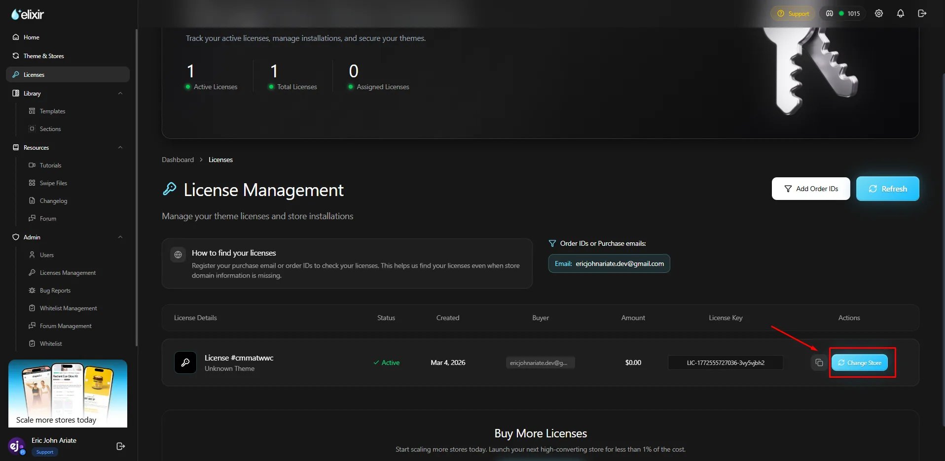 The Actions column of a license row, with the "Change Store" button highlighted