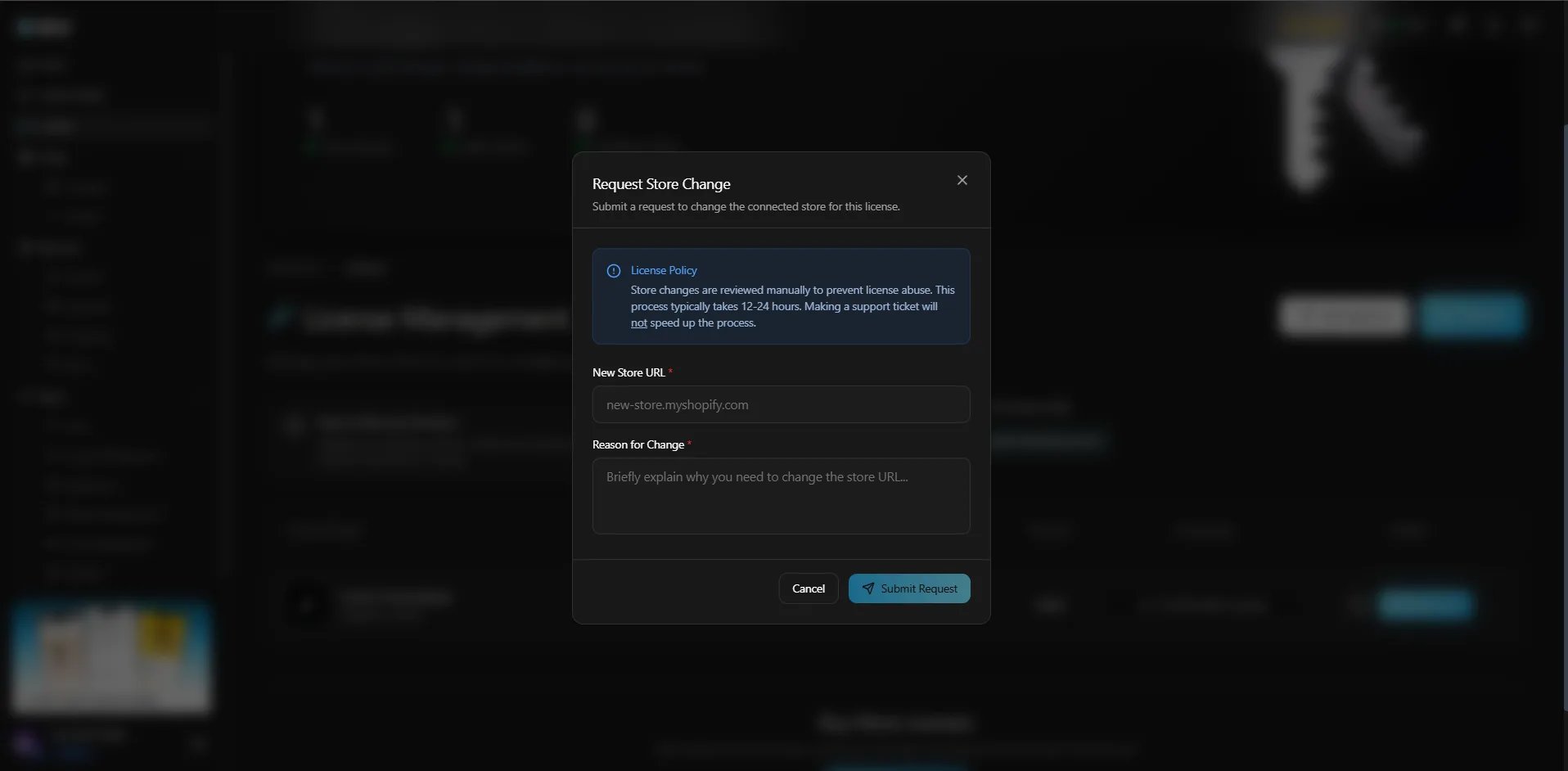 The "Request Store Change" dialog with New Store URL and Reason for Change fields