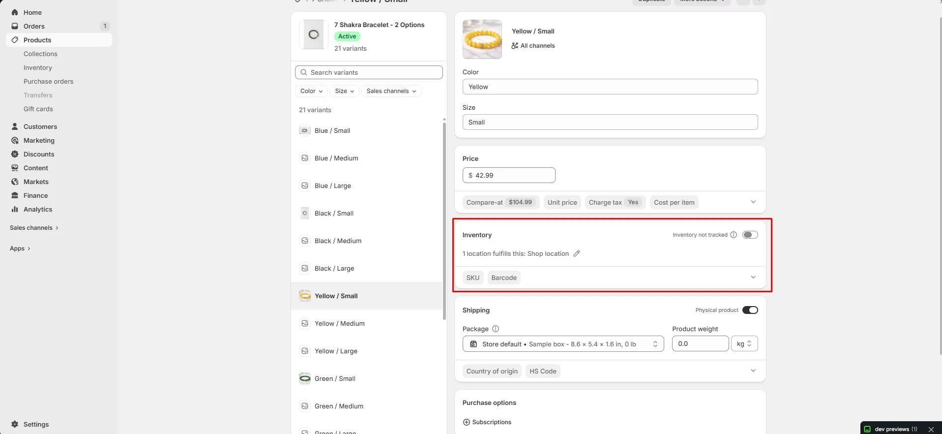 A Shopify product variant page with the Inventory card highlighted, showing "Inventory not tracked"