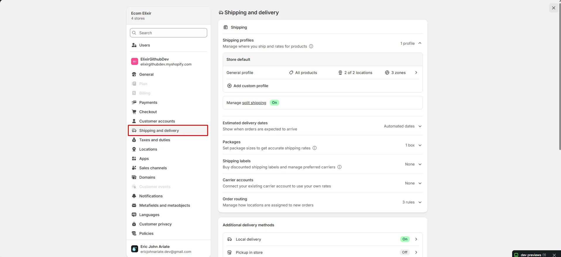 Shopify Settings with "Shipping and delivery" highlighted, showing shipping profiles and zones