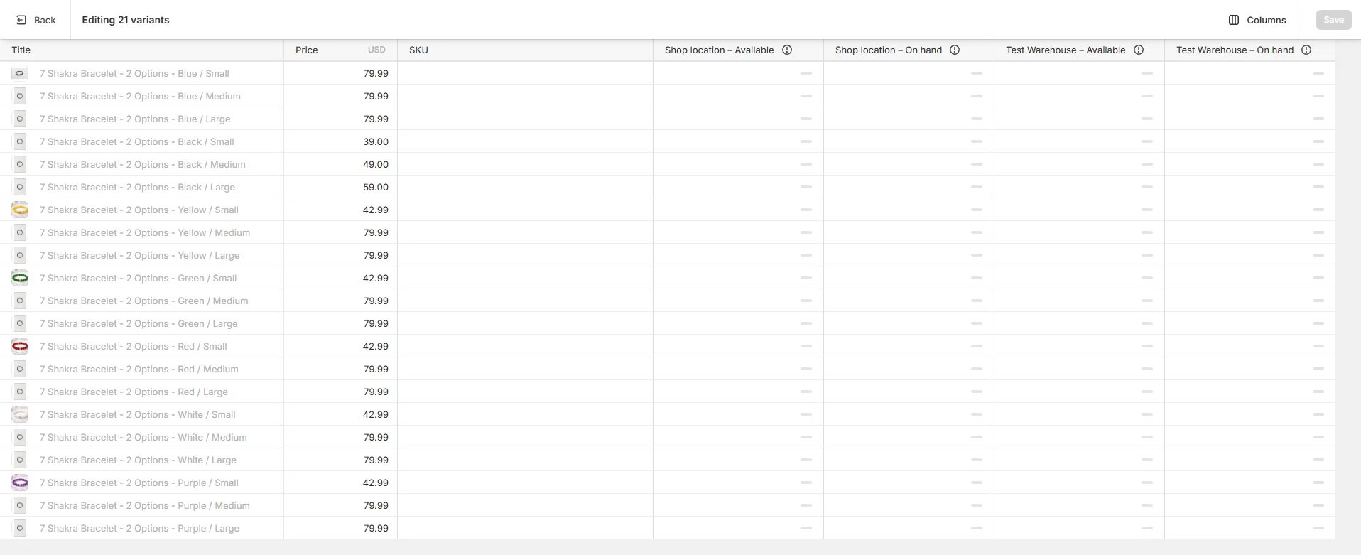 Shopify's bulk variant editor showing per-location Available and On hand columns for every variant