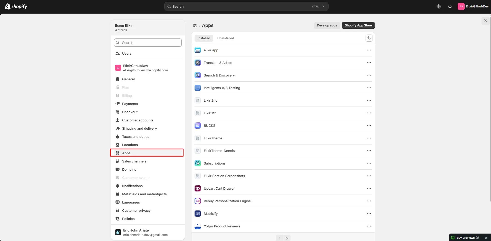 Shopify Settings with Apps highlighted, listing the store's installed apps
