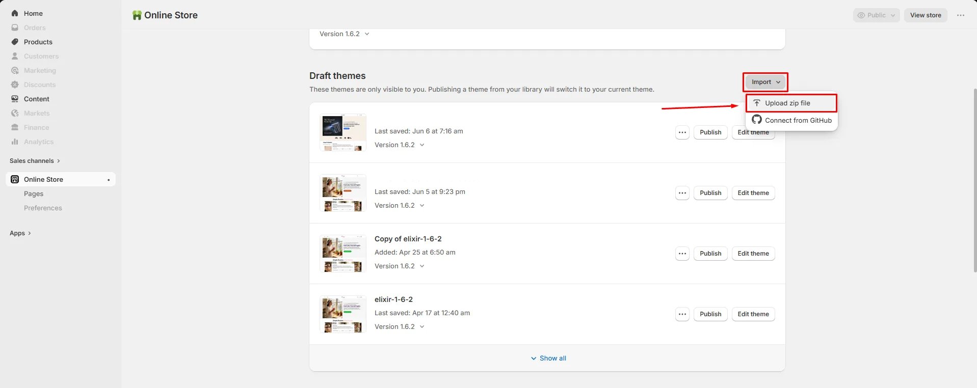 Shopify Online Store themes page with the Import menu open on "Upload zip file"